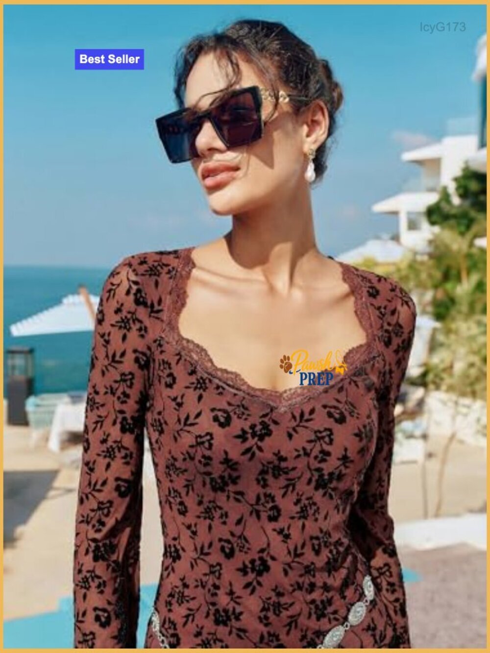 Mesh Long Bell Sleeve Top, Lace Floral Square Neck, Slim Fit - Picture 6 of 7
